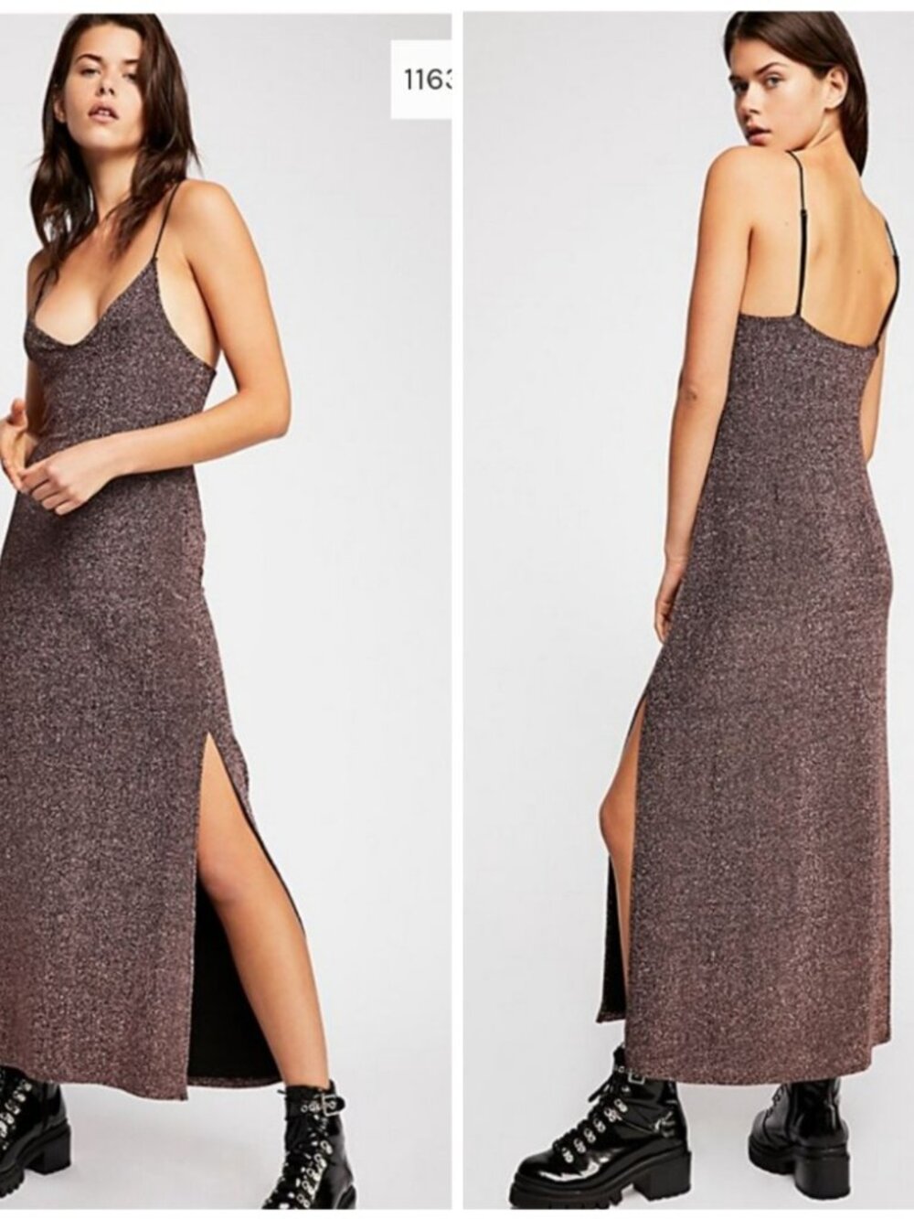Free People NWT Lola Brown Shimmer Metallic Slinky Maxi Rose Dress With Slit S